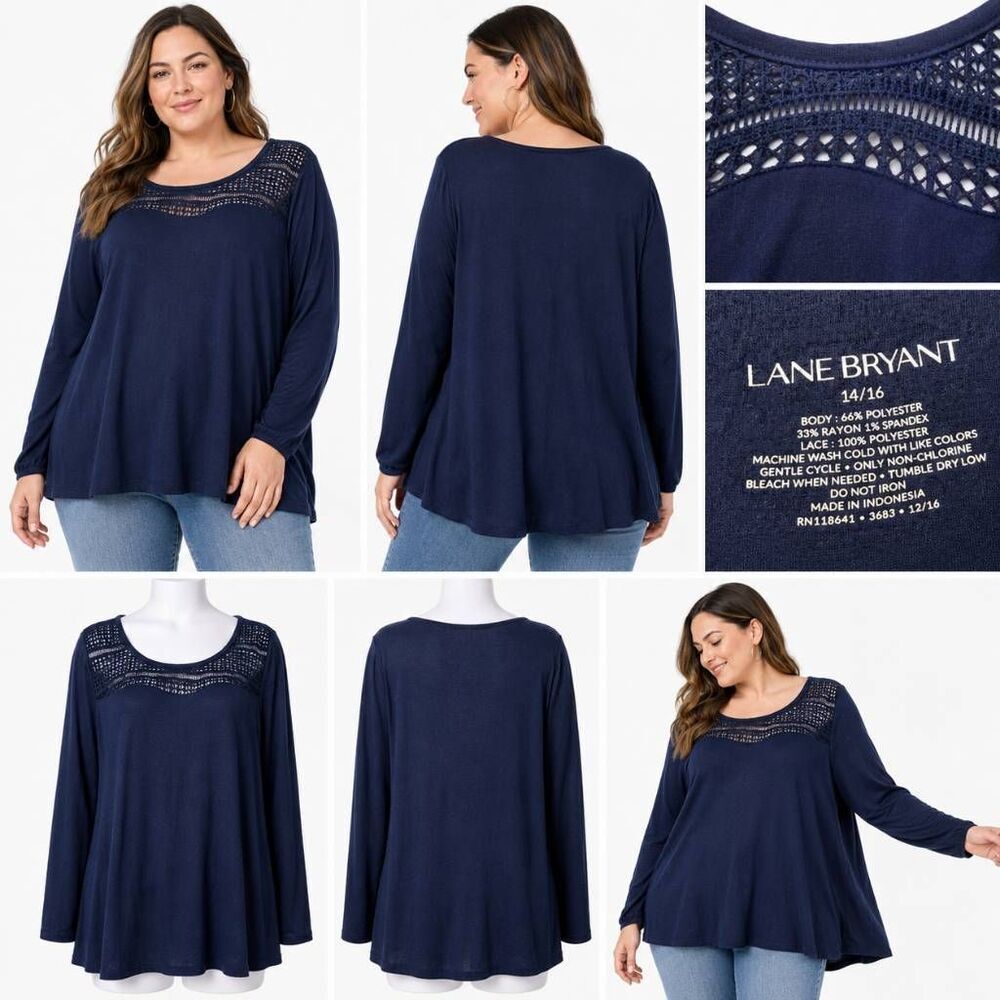 Lane Bryant Navy Lace Yoke Long Sleeve Top 14/16